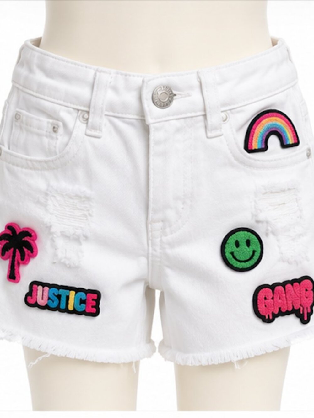 Justice Girls White Denim Patch Shorts Size 8 Rainbow Smiley